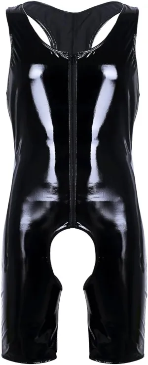 Mufeng Men Metallic Shiny Patent Leather Sleeveless Front Zipper Singlet Boxer Briefs Leotard Bodysuit