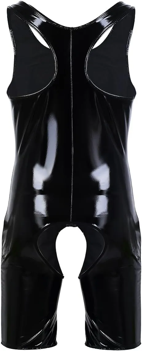 Mufeng Men Metallic Shiny Patent Leather Sleeveless Front Zipper Singlet Boxer Briefs Leotard Bodysuit