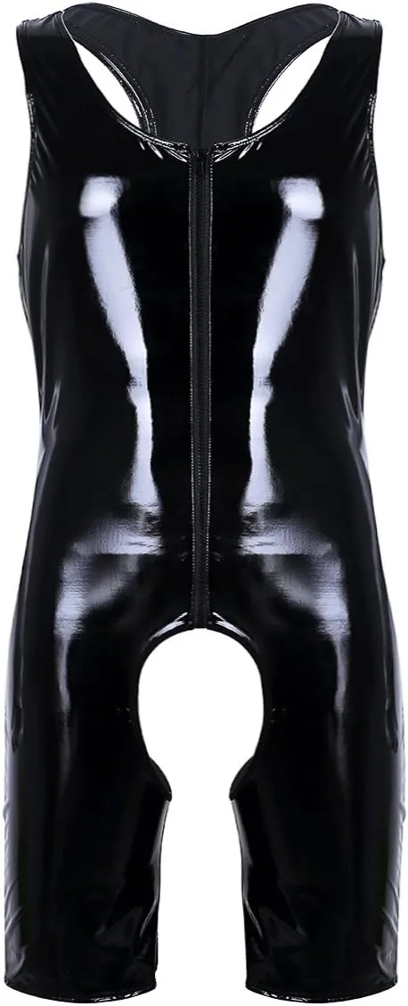 Mufeng Men Metallic Shiny Patent Leather Sleeveless Front Zipper Singlet Boxer Briefs Leotard Bodysuit
