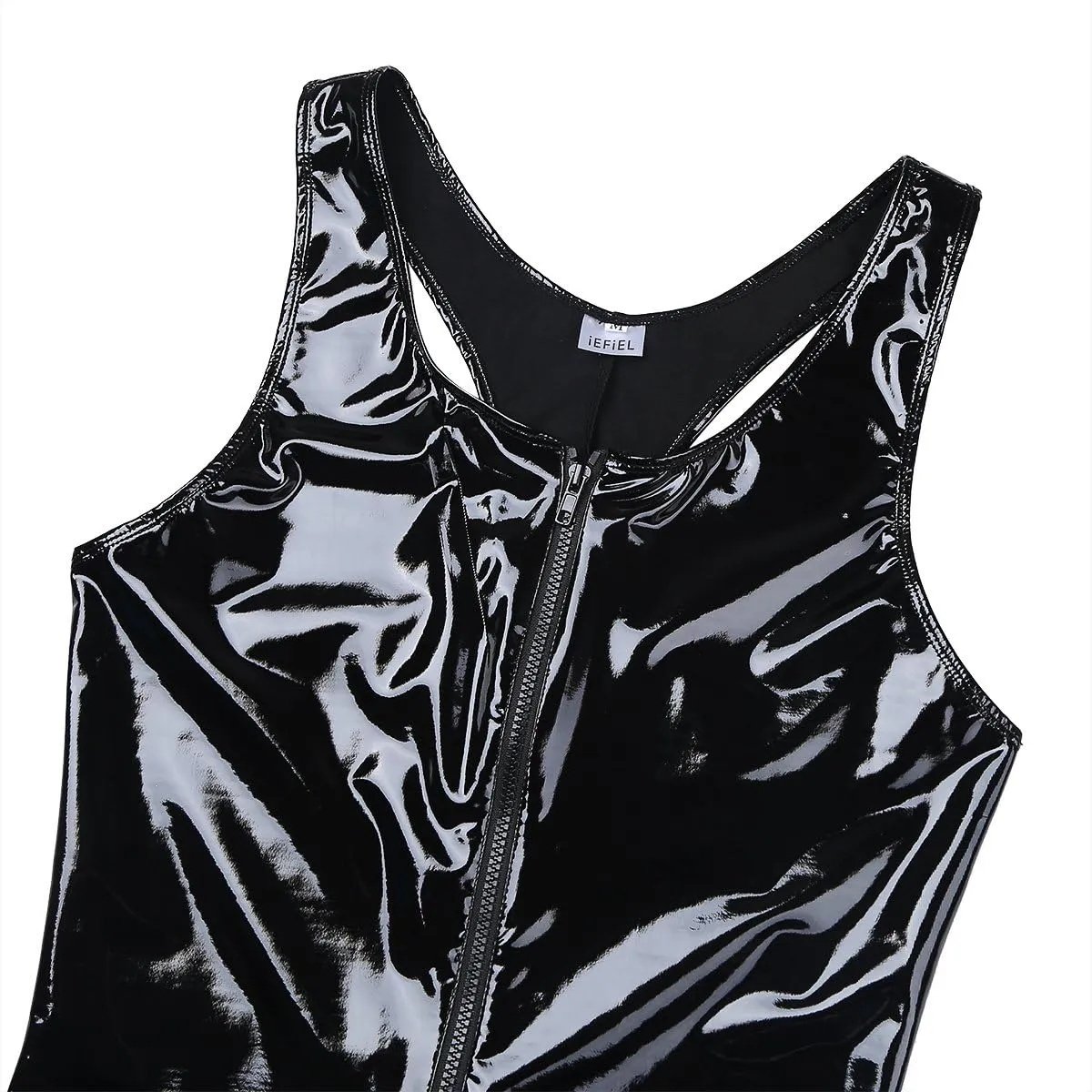Mufeng Men Metallic Shiny Patent Leather Sleeveless Front Zipper Singlet Boxer Briefs Leotard Bodysuit