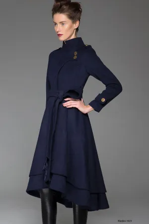 Navy blue wool coat maxi women winter coat 1423#