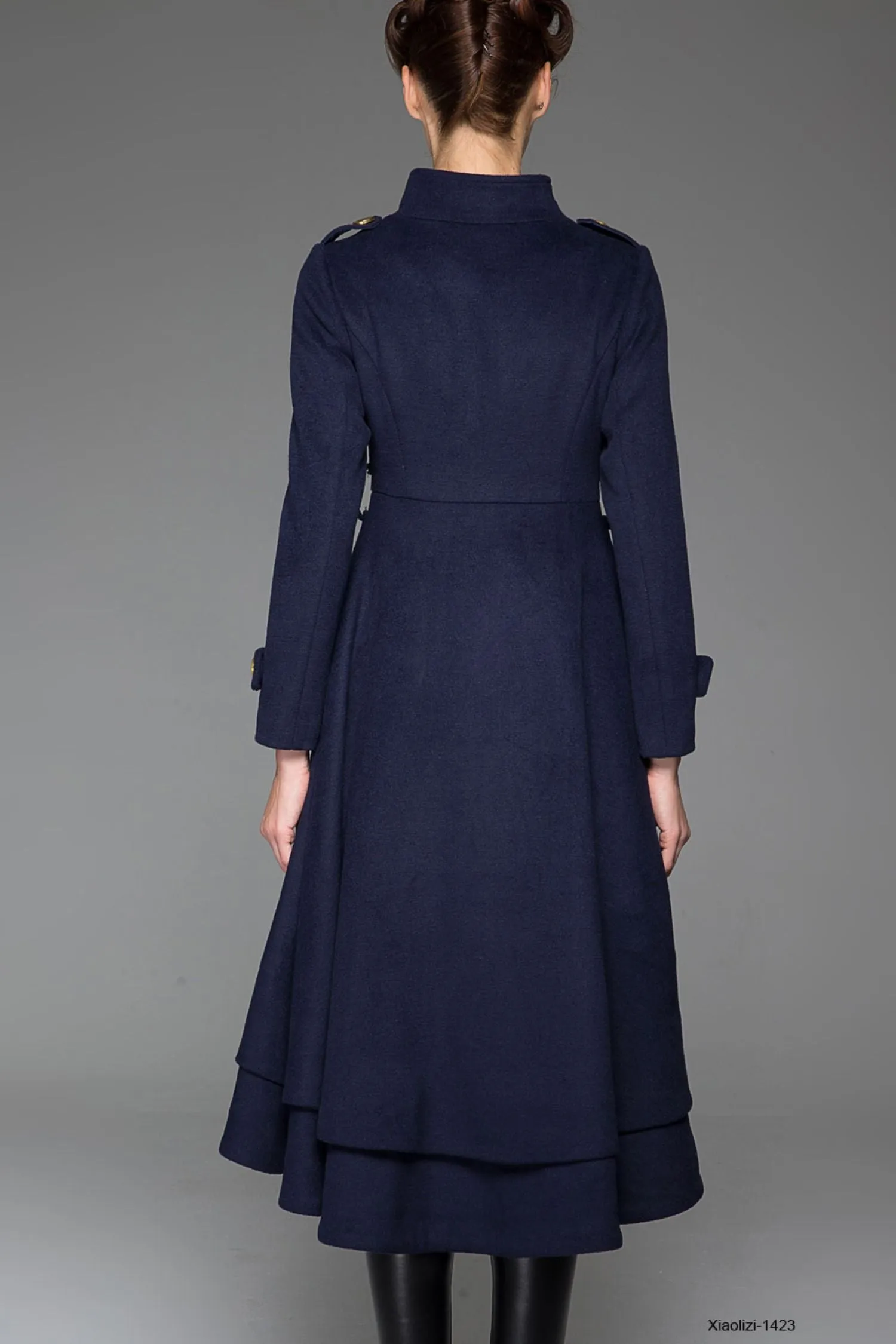 Navy blue wool coat maxi women winter coat 1423#