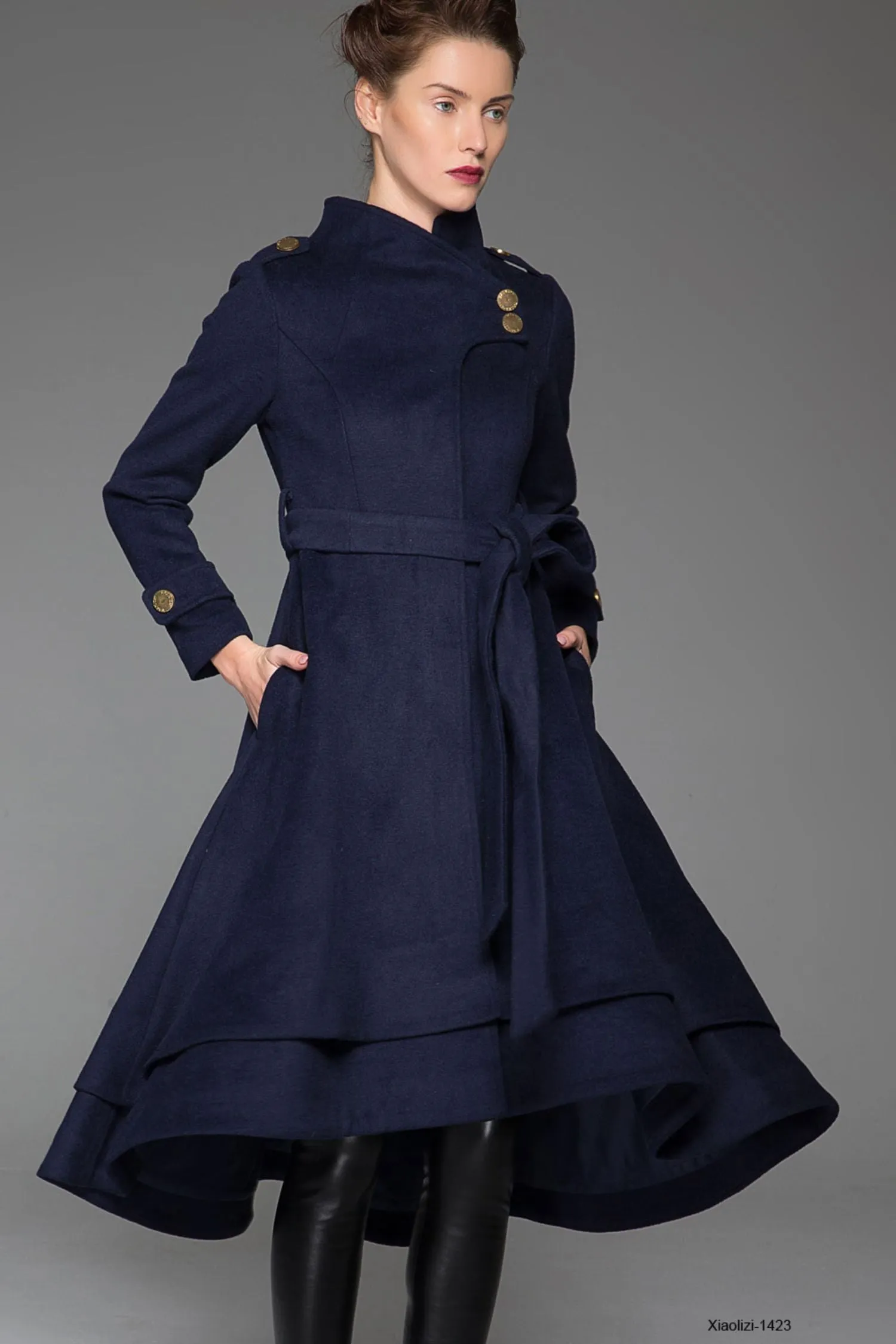 Navy blue wool coat maxi women winter coat 1423#