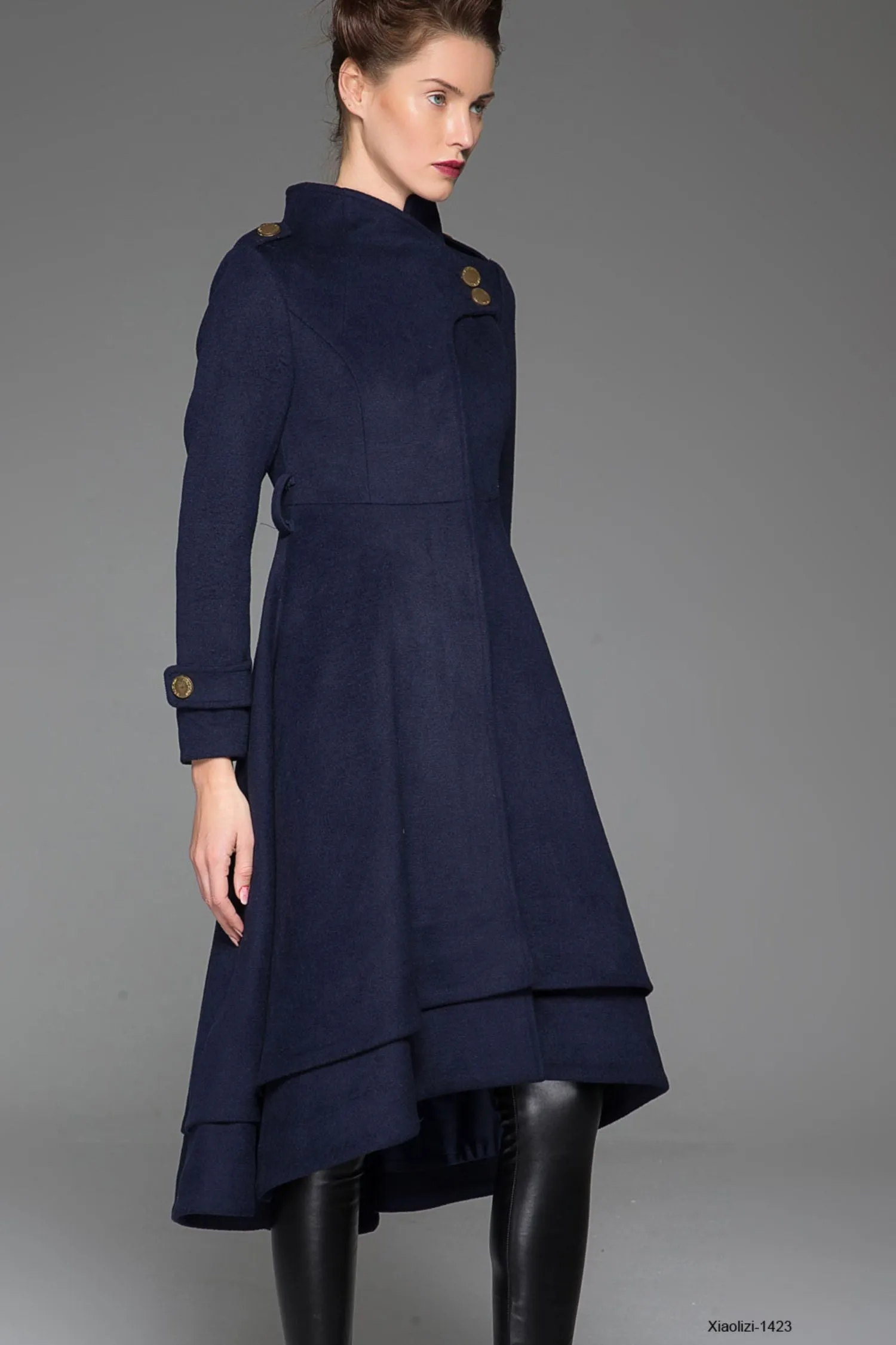 Navy blue wool coat maxi women winter coat 1423#