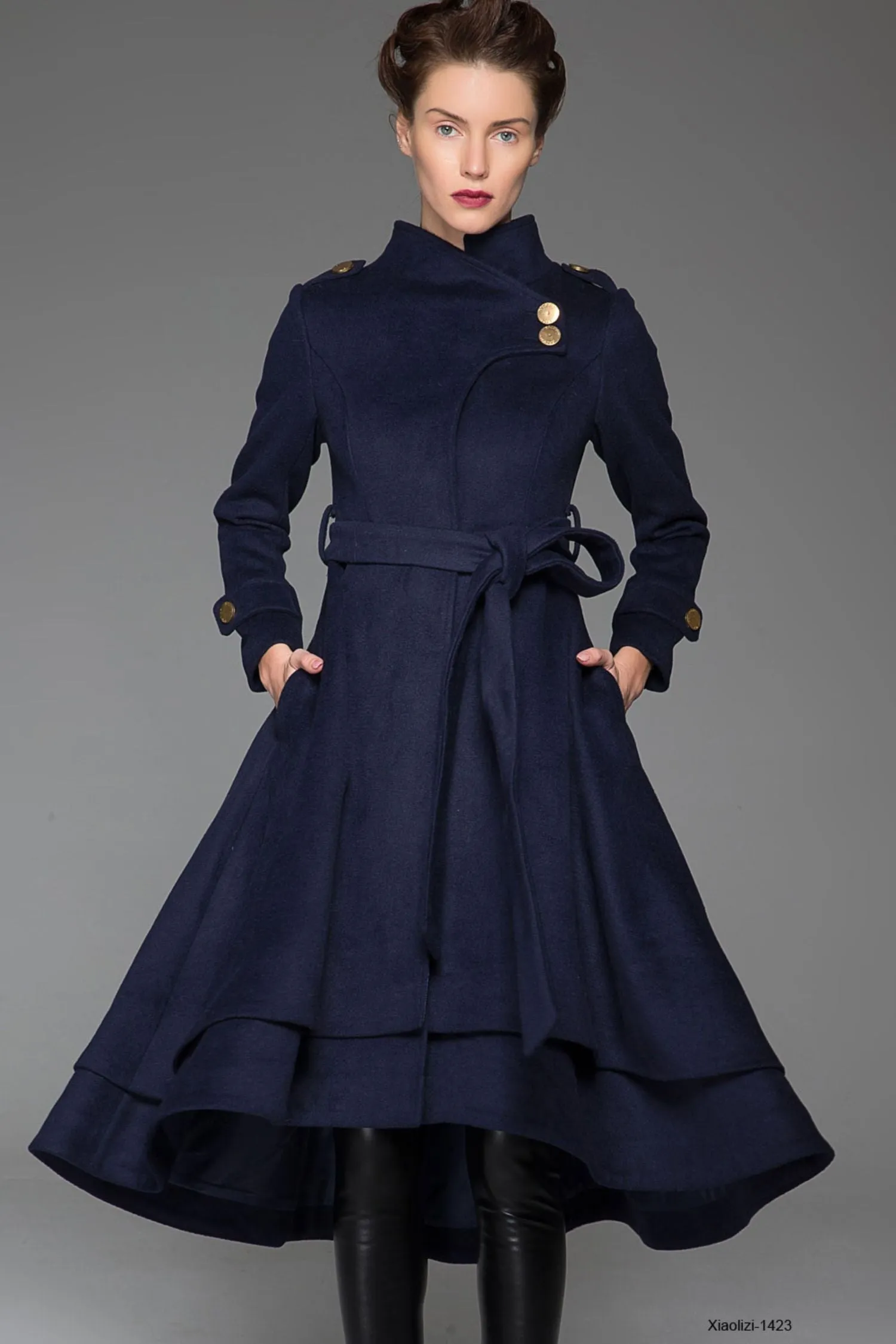 Navy blue wool coat maxi women winter coat 1423#
