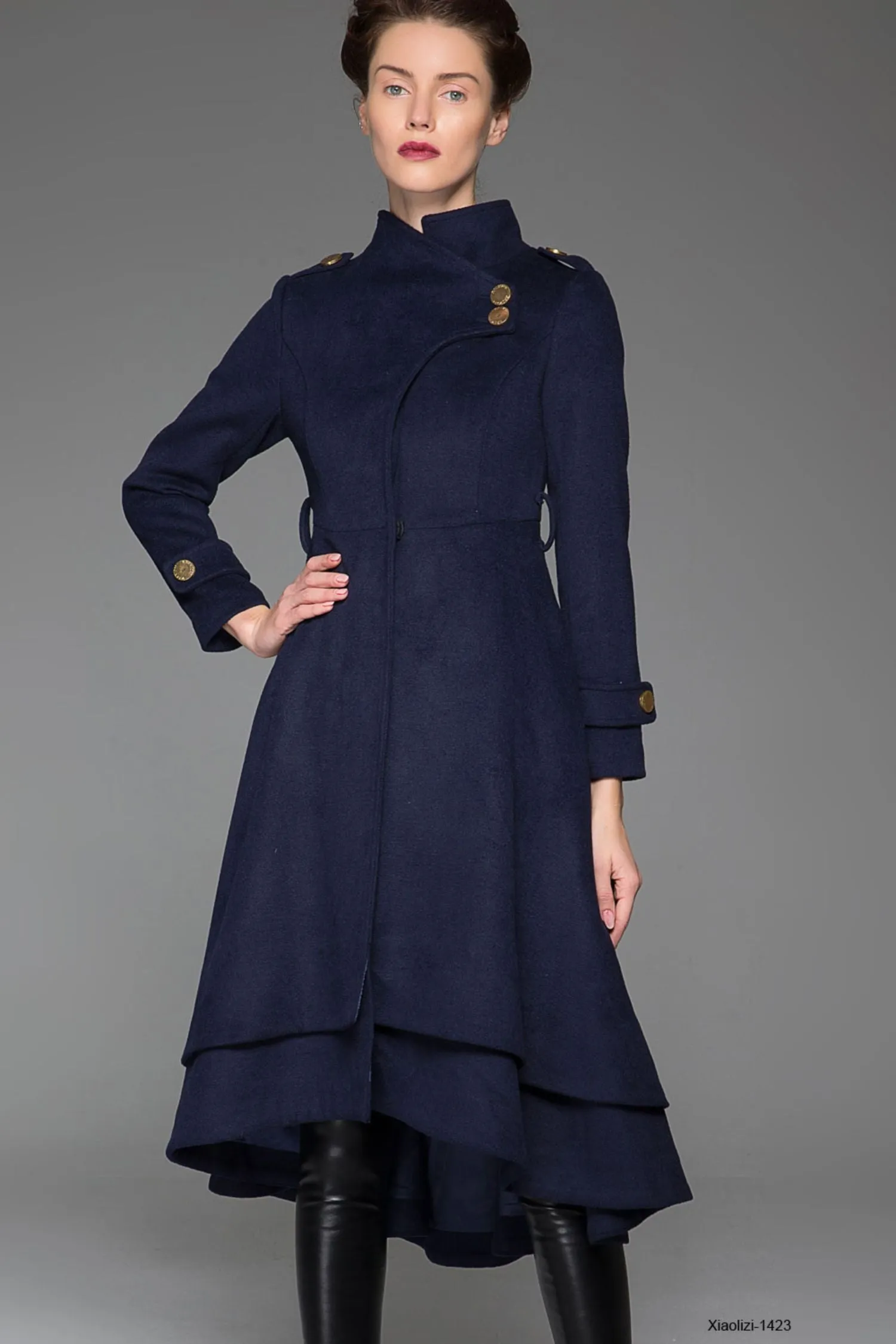 Navy blue wool coat maxi women winter coat 1423#