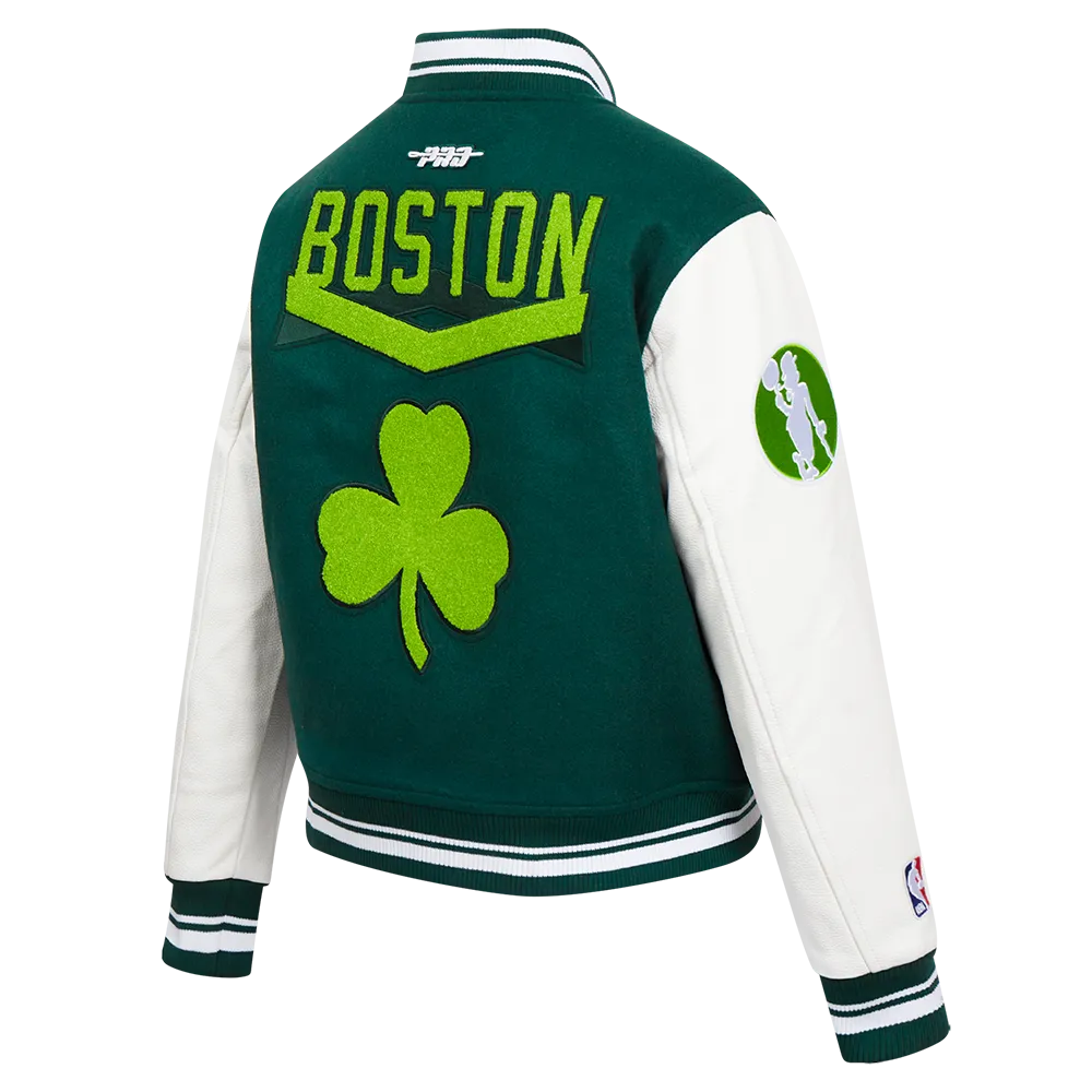 NBA BOSTON CELTICS CITY EDITION 24-25 WOMEN'S RIB WOOL VARSITY JACKET (FOREST GREEN/WHITE)