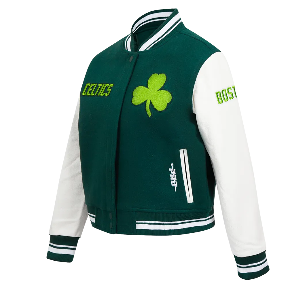 NBA BOSTON CELTICS CITY EDITION 24-25 WOMEN'S RIB WOOL VARSITY JACKET (FOREST GREEN/WHITE)
