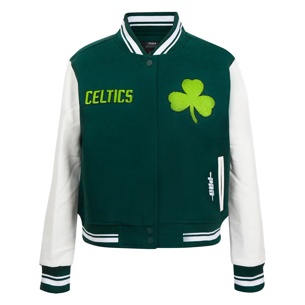 NBA BOSTON CELTICS CITY EDITION 24-25 WOMEN'S RIB WOOL VARSITY JACKET (FOREST GREEN/WHITE)