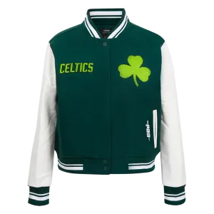 NBA BOSTON CELTICS CITY EDITION 24-25 WOMEN'S RIB WOOL VARSITY JACKET (FOREST GREEN/WHITE)