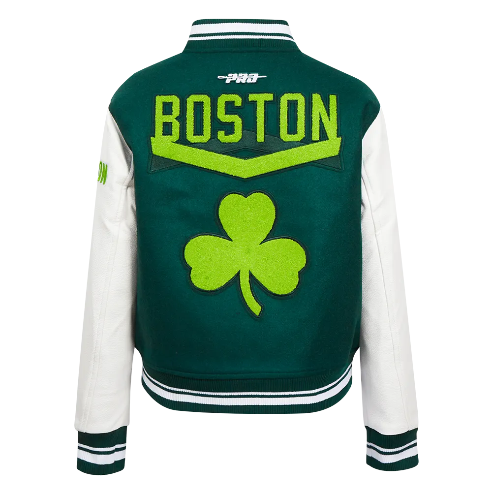 NBA BOSTON CELTICS CITY EDITION 24-25 WOMEN'S RIB WOOL VARSITY JACKET (FOREST GREEN/WHITE)