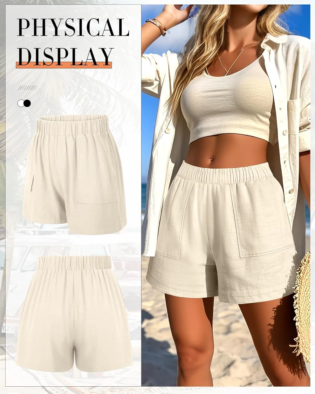 Neer 2 Pack Women's Linen Shorts Elastic Waist Casual Comfy Summer Pull on Beach Shorts with Patch Pocket