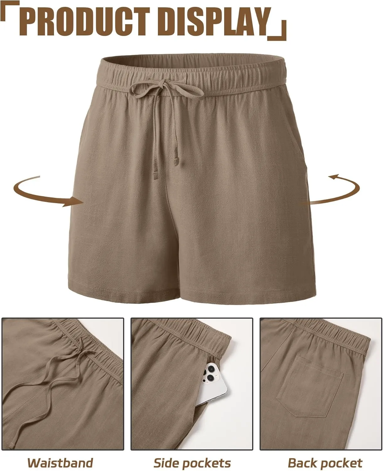 Neer 3 Pack Men's Linen Shorts Casual Cotton Lightweight Elastic Waist Drawstring Summer Shorts with Pockets