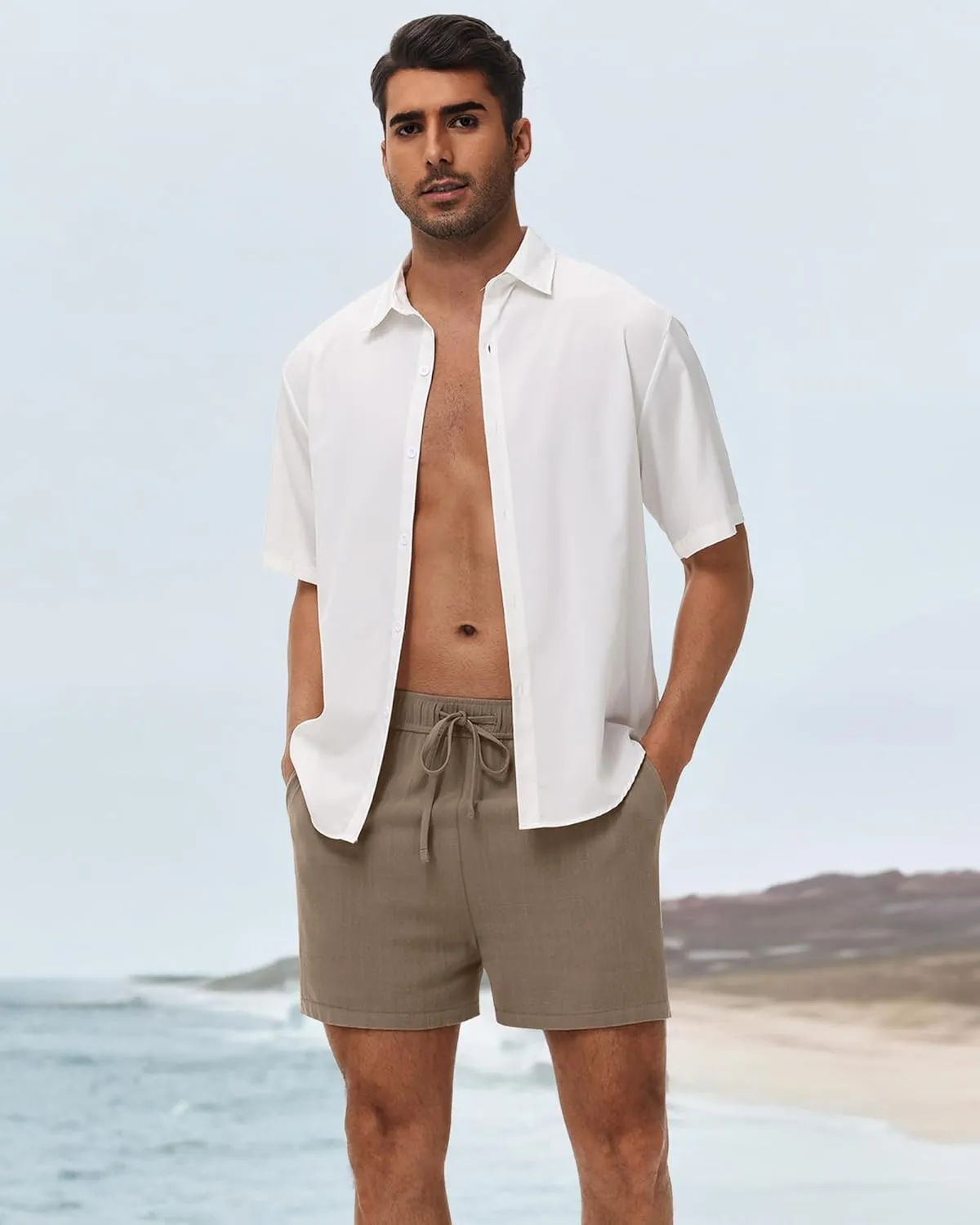 Neer 3 Pack Men's Linen Shorts Casual Cotton Lightweight Elastic Waist Drawstring Summer Shorts with Pockets
