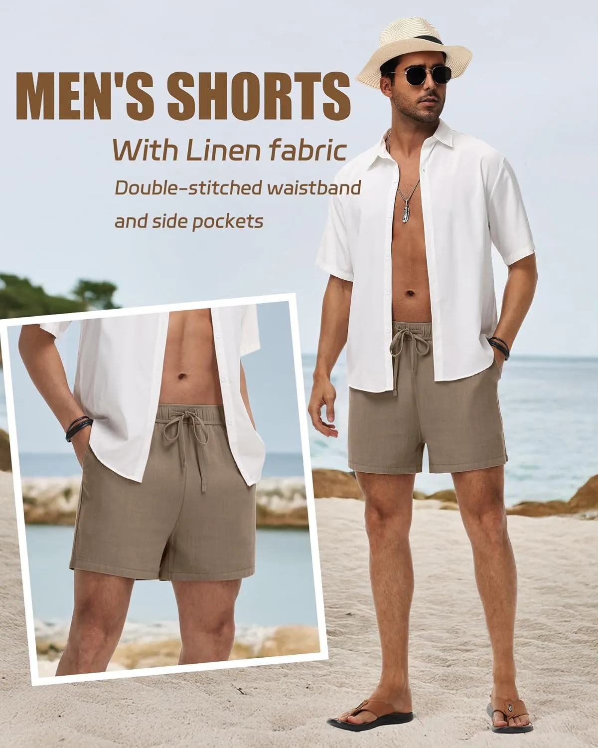 Neer 3 Pack Men's Linen Shorts Casual Cotton Lightweight Elastic Waist Drawstring Summer Shorts with Pockets