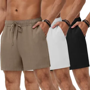 Neer 3 Pack Men's Linen Shorts Casual Cotton Lightweight Elastic Waist Drawstring Summer Shorts with Pockets