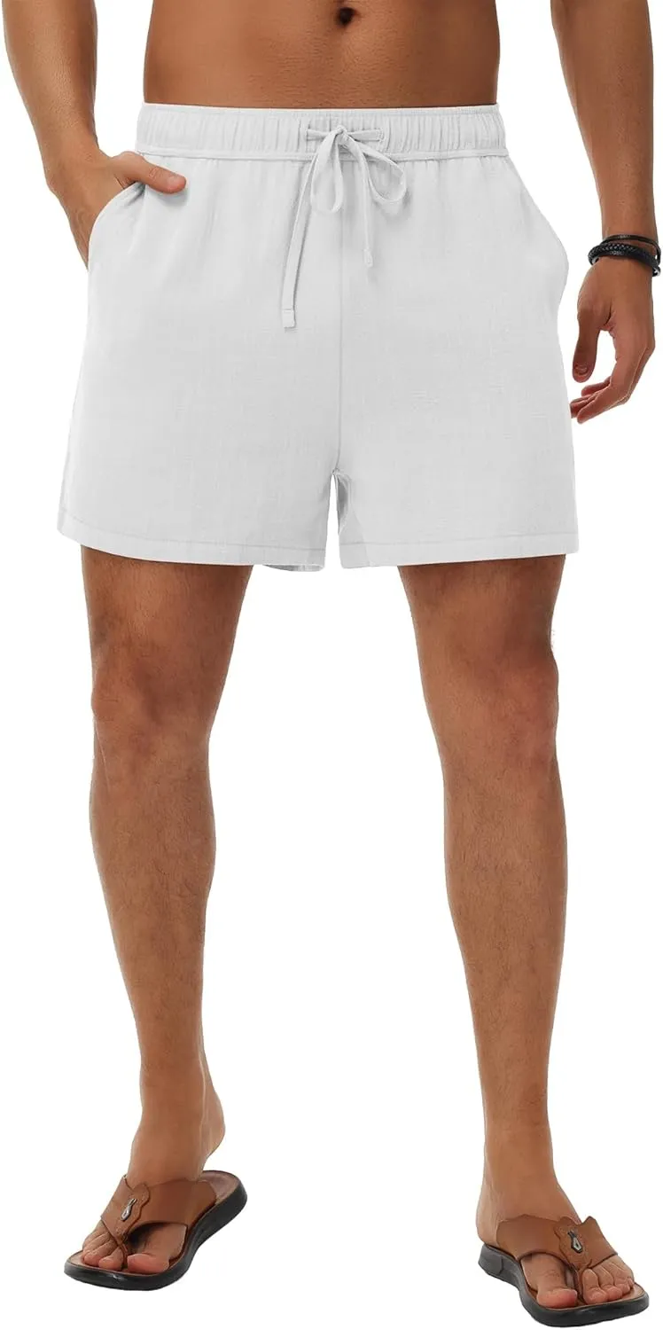 Neer 3 Pack Men's Linen Shorts Casual Cotton Lightweight Elastic Waist Drawstring Summer Shorts with Pockets