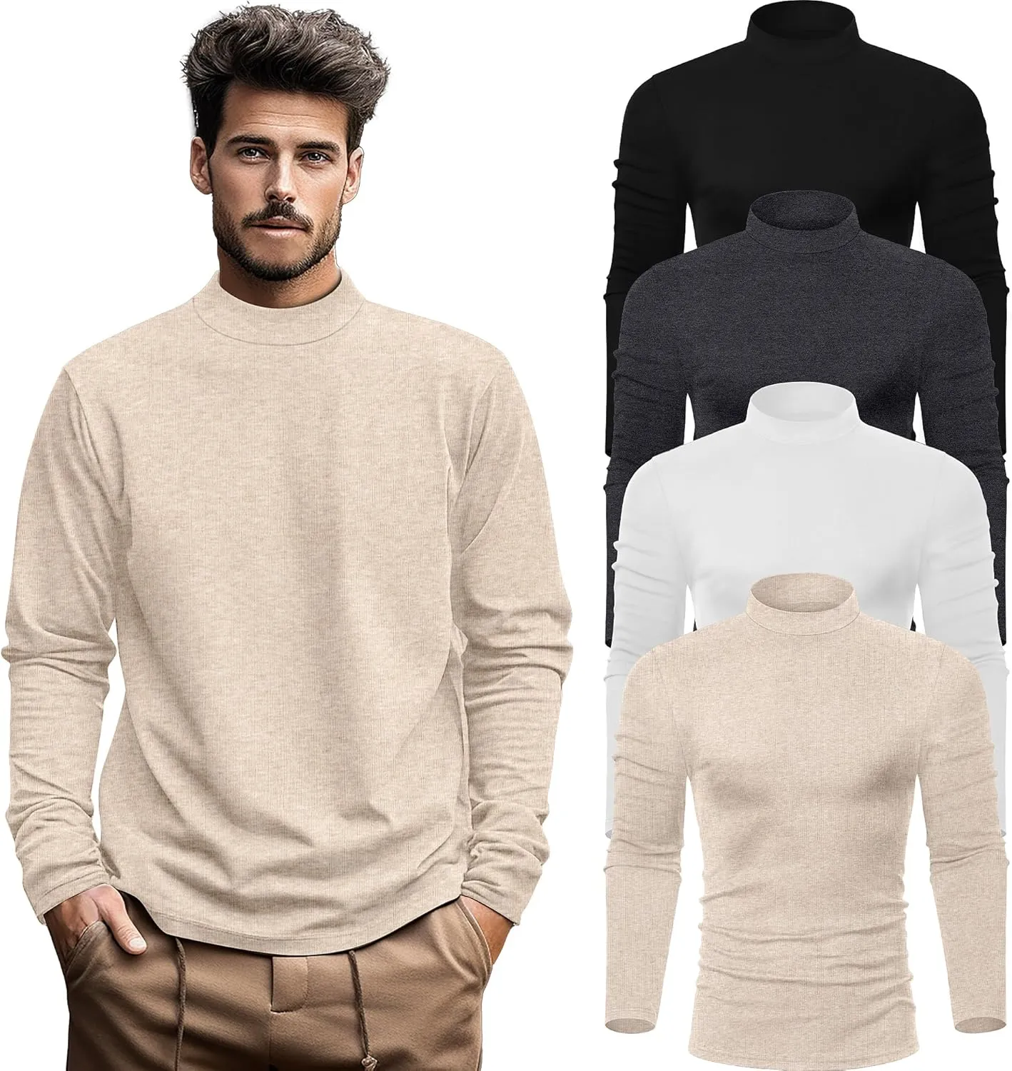 Neer 4 Pack Men's Mock Neck Shirts, Long Sleeve Turtleneck Pullover Tops Slim Fit Casual T Shirts Lightweight Basic Sweaters