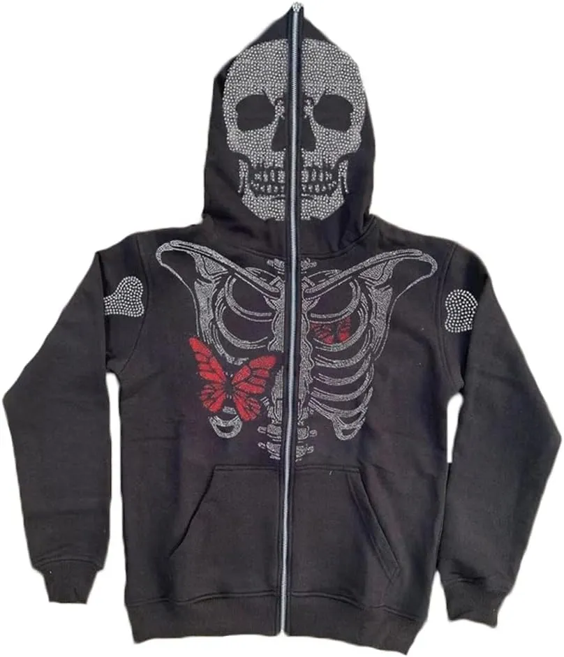 Nituyy Women Oversized Zip Up Hoodie Jacket Long Sleveve Diamond Skull Casual Grunge Hooded Sweatshirt with Pockets
