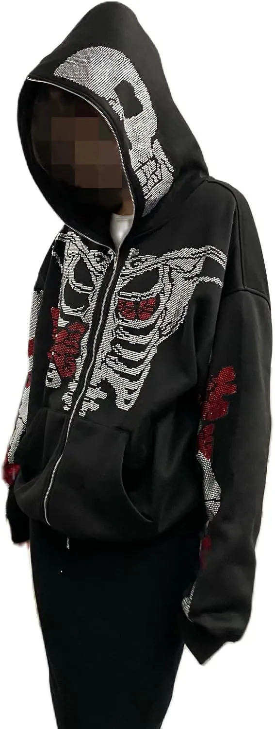 Nituyy Women Oversized Zip Up Hoodie Jacket Long Sleveve Diamond Skull Casual Grunge Hooded Sweatshirt with Pockets