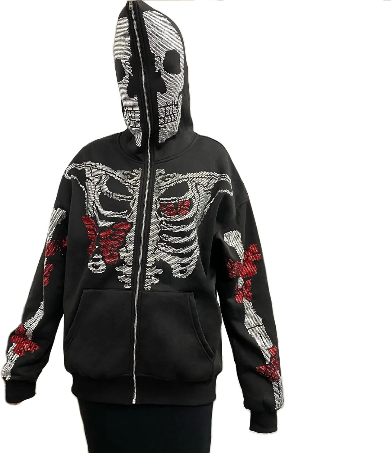 Nituyy Women Oversized Zip Up Hoodie Jacket Long Sleveve Diamond Skull Casual Grunge Hooded Sweatshirt with Pockets