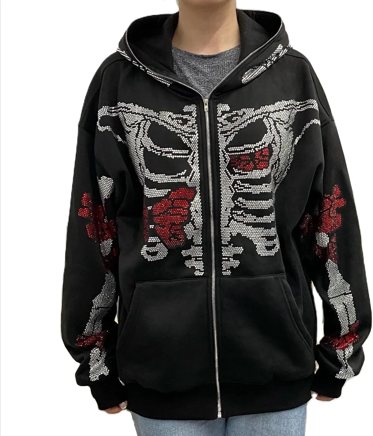 Nituyy Women Oversized Zip Up Hoodie Jacket Long Sleveve Diamond Skull Casual Grunge Hooded Sweatshirt with Pockets