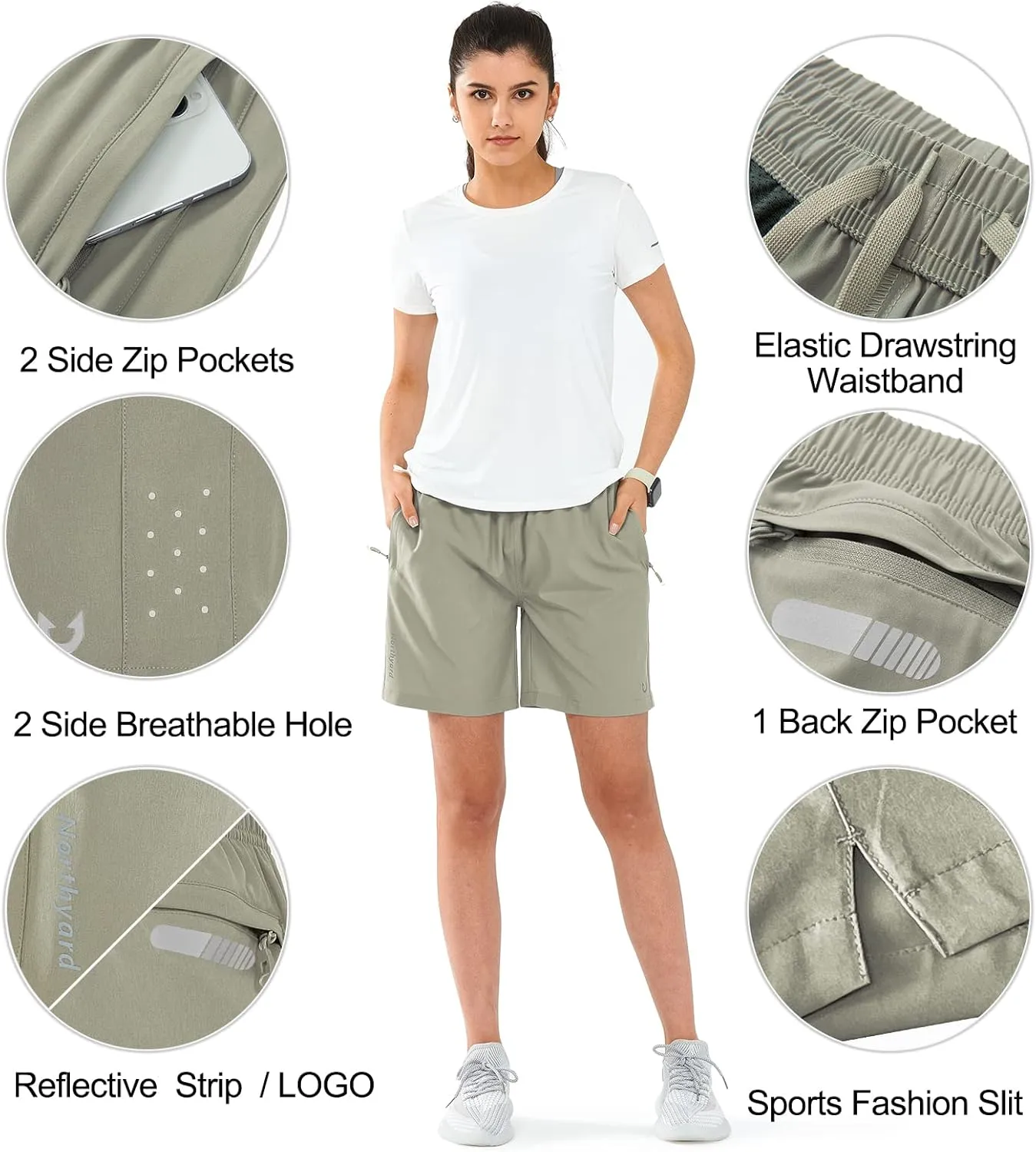 NORTHYARD Women's Athletic Hiking Shorts Quick Dry Active Running Lightweight Shorts for Gym Workout with 3 Zipper Pockets