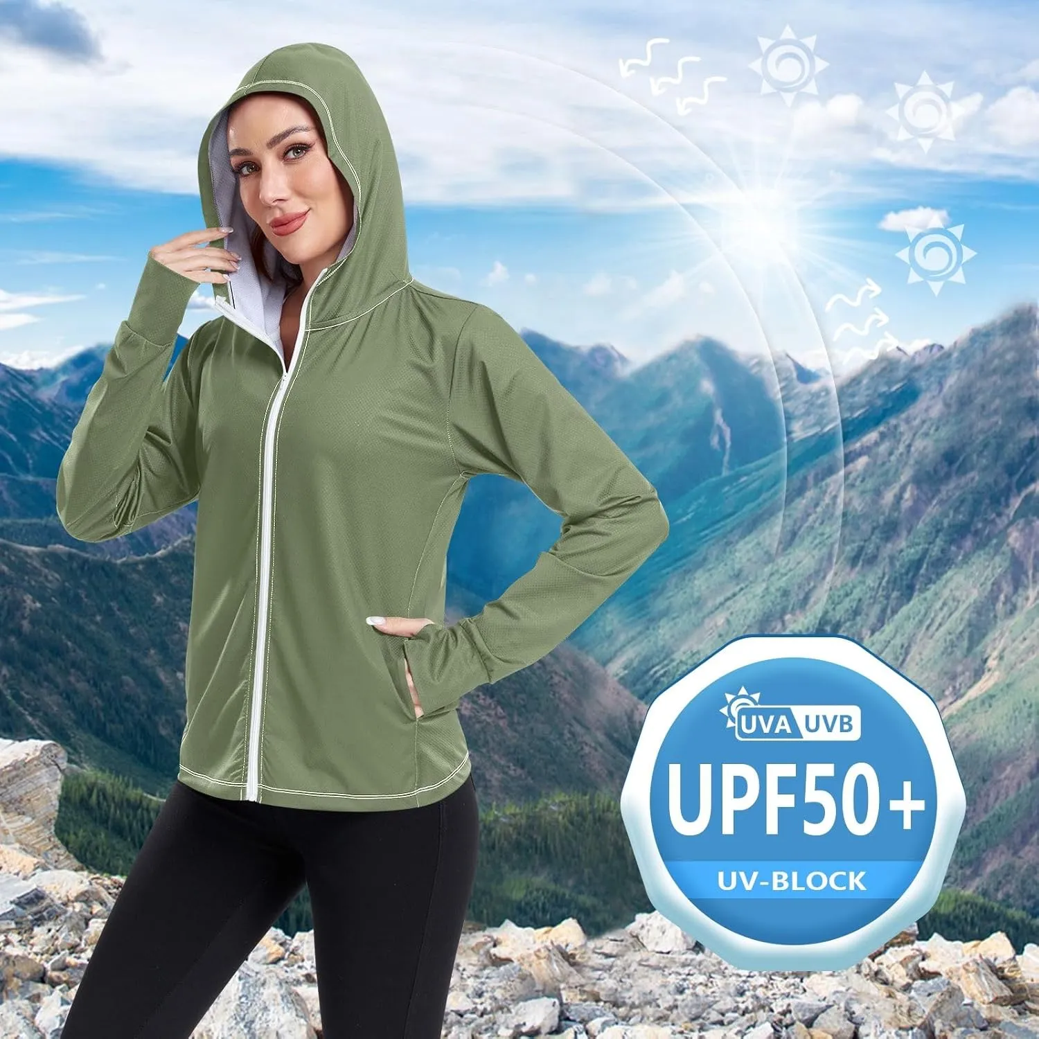 ODAWA Rose Gold Womens Upf Hoodie SPF Long Sleeve Sun Shirt Zip Up Hoodie UV Cooling Hoodie Summer Clothing