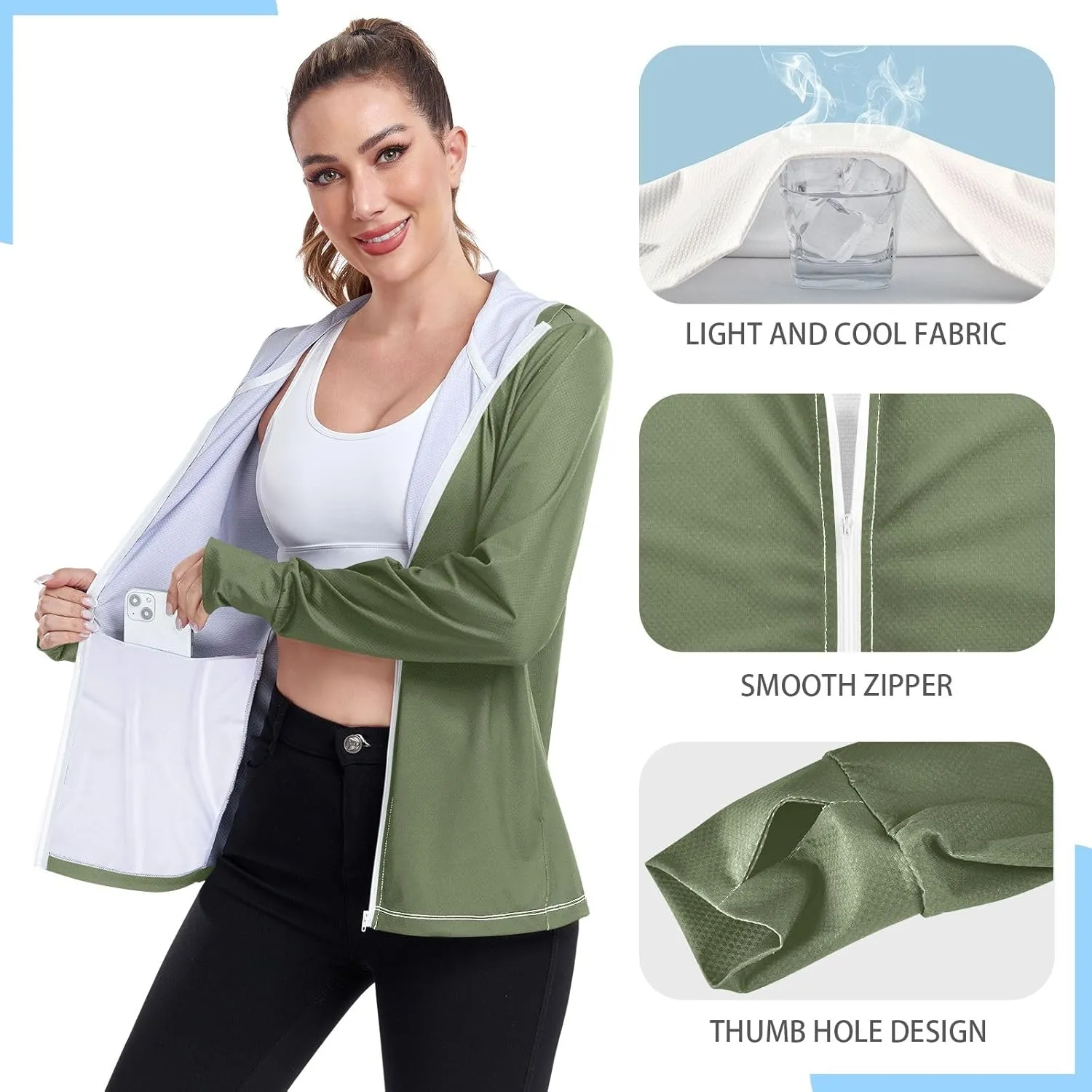 ODAWA Rose Gold Womens Upf Hoodie SPF Long Sleeve Sun Shirt Zip Up Hoodie UV Cooling Hoodie Summer Clothing