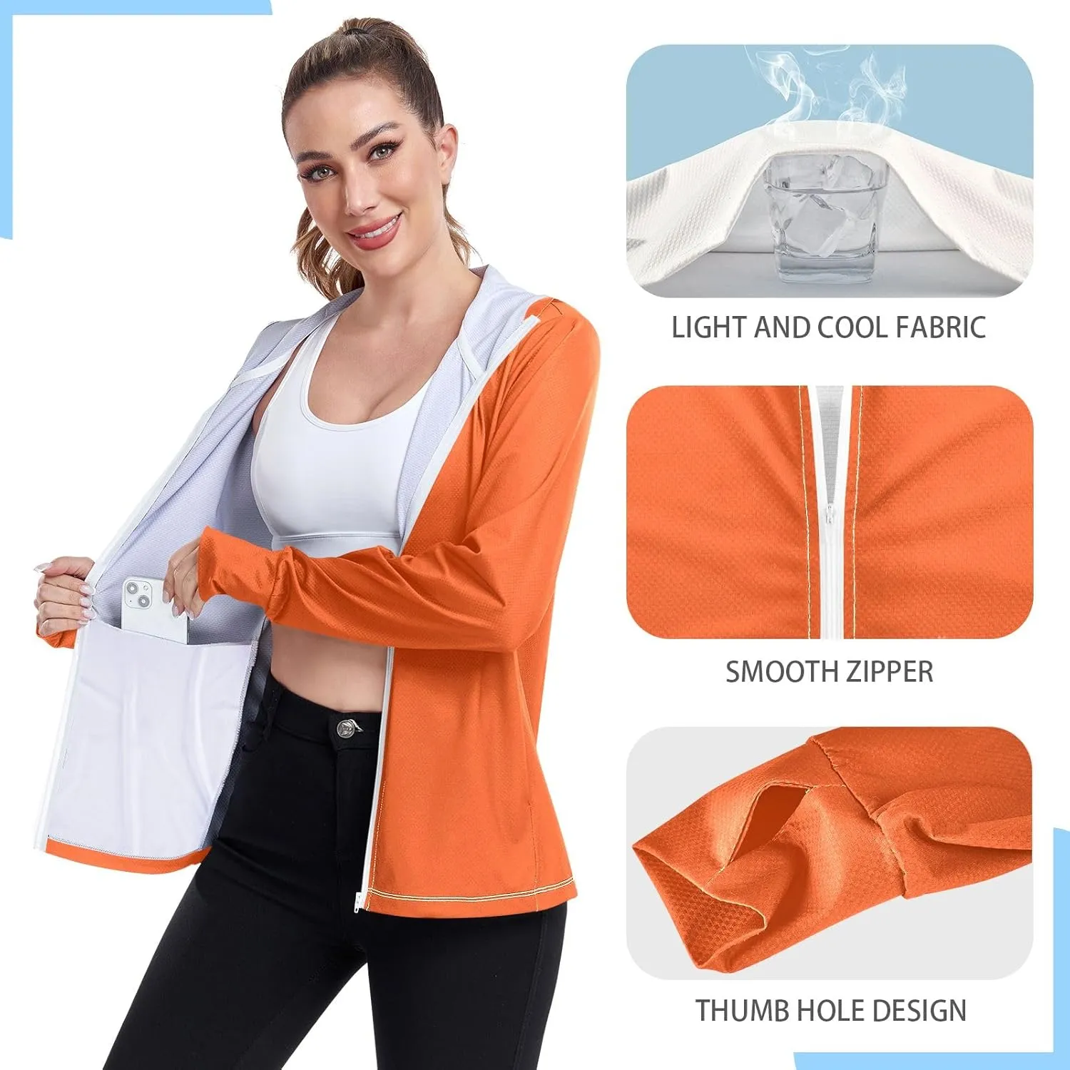ODAWA Rose Gold Womens Upf Hoodie SPF Long Sleeve Sun Shirt Zip Up Hoodie UV Cooling Hoodie Summer Clothing