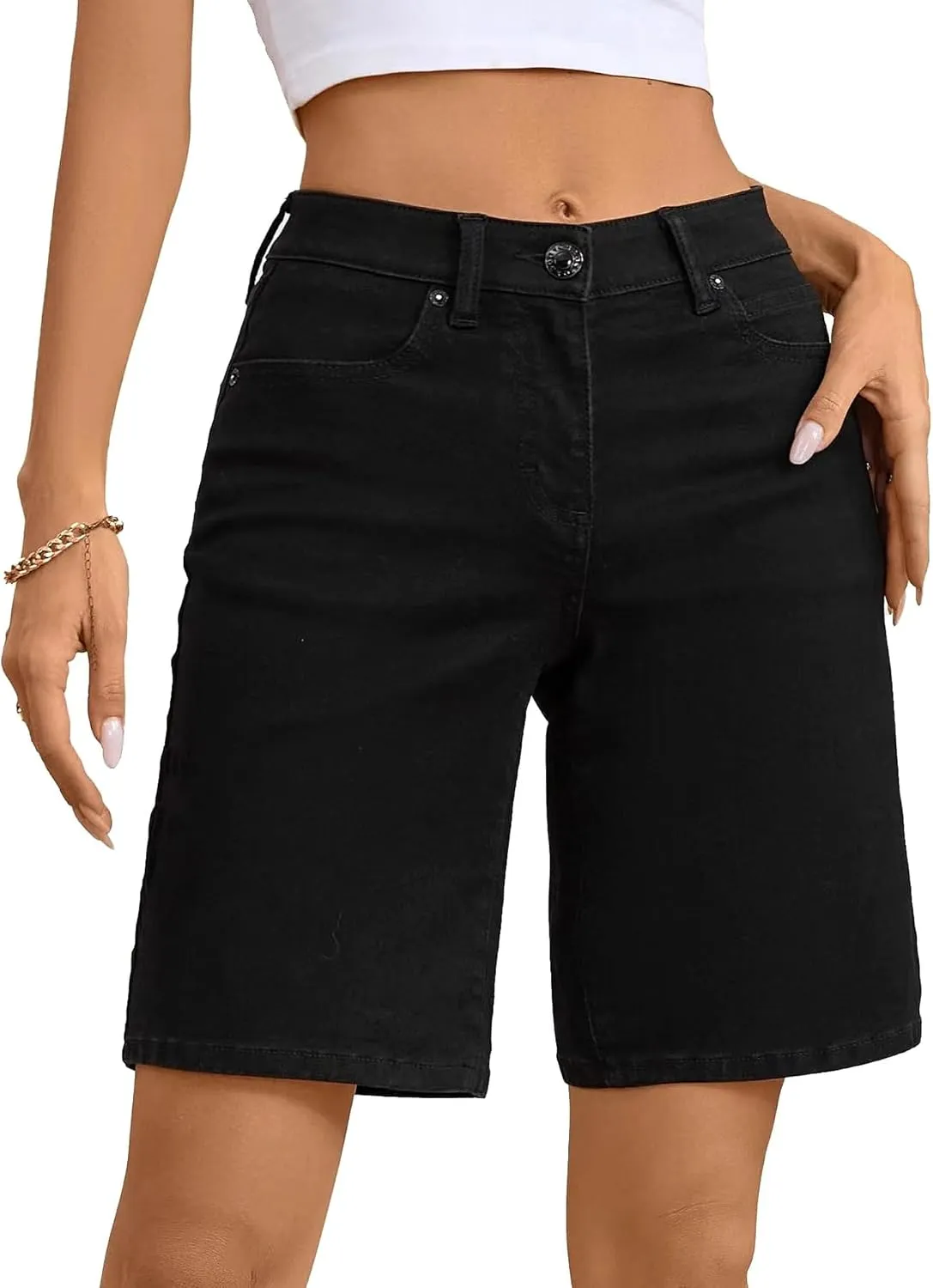 OFLUCK Bermuda Shorts for Women Mid Waisted Trendy Stretchy Denim Shorts Knee Length Cutoff Loose Fit