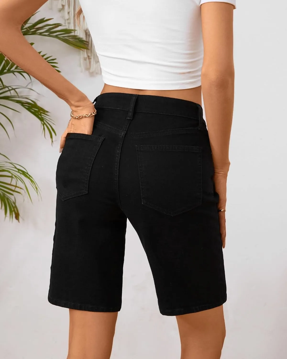 OFLUCK Bermuda Shorts for Women Mid Waisted Trendy Stretchy Denim Shorts Knee Length Cutoff Loose Fit