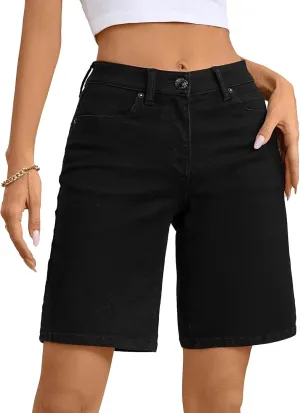 OFLUCK Bermuda Shorts for Women Mid Waisted Trendy Stretchy Denim Shorts Knee Length Cutoff Loose Fit