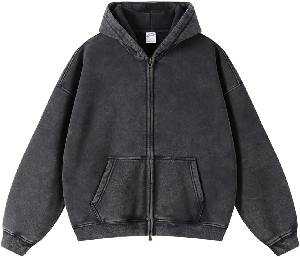 Oversize Men's Vintage Hoodie Zip Up Long Sleeve Sweatshirt with Pockets Acid Wash Streetwear Fleece Hoodies Jacket