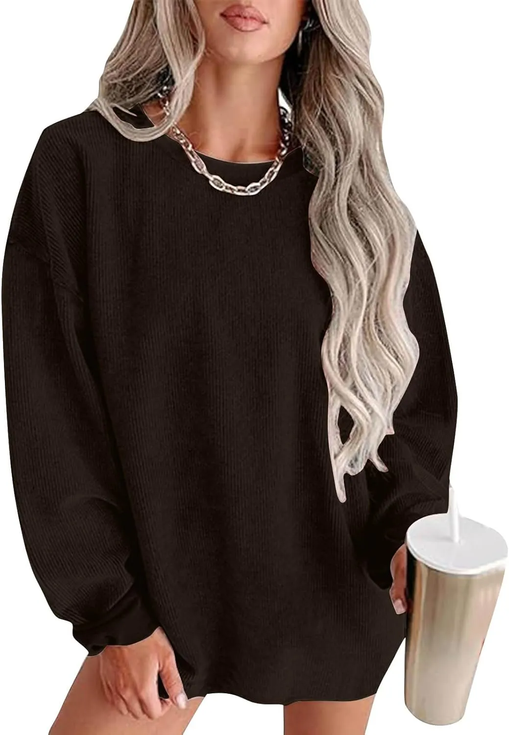 Oversized Crew Neck Sweatshirt Women 2024 Casual Loose Long Sleeve Corduroy Pullover Tops Fall Fashion Outfits Trendy