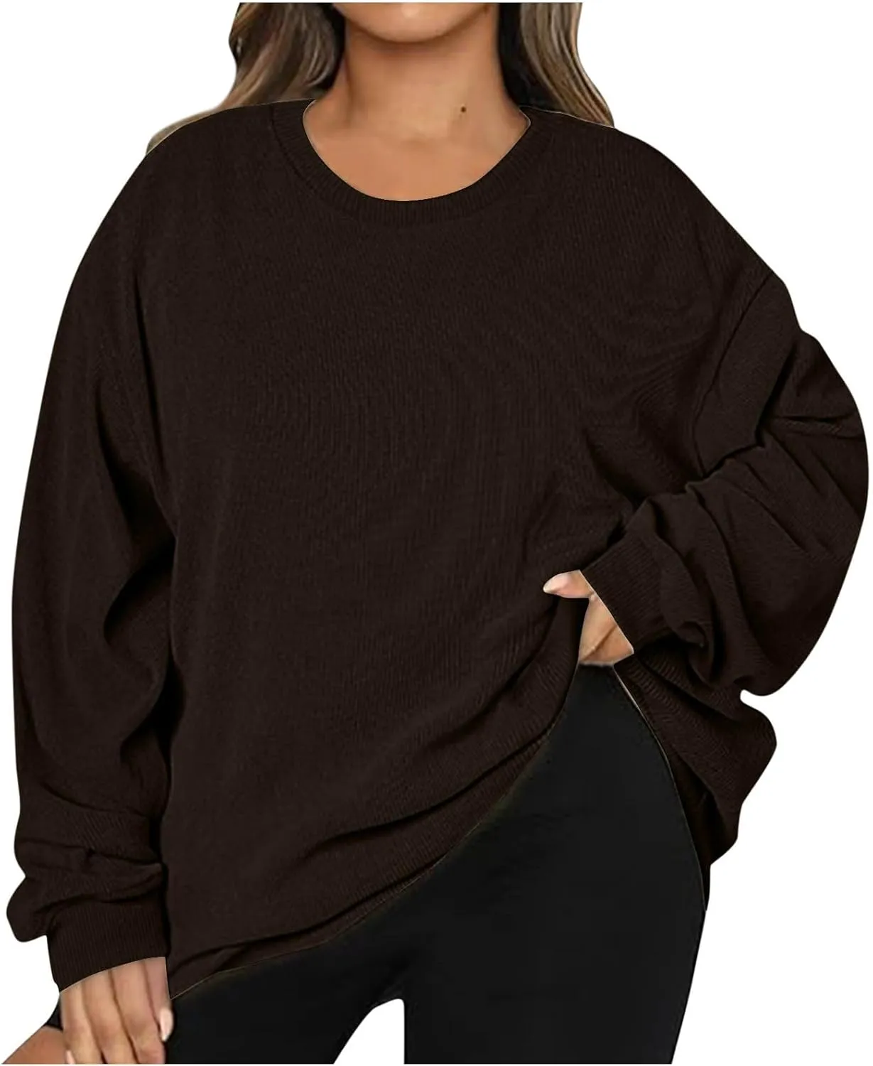 Oversized Crew Neck Sweatshirt Women 2024 Casual Loose Long Sleeve Corduroy Pullover Tops Fall Fashion Outfits Trendy