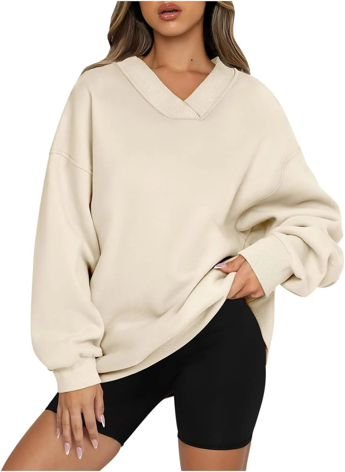 Oversized Fleece Sweatshirts For Women Trendy 2024 Long Sleeve v Neck Pullover Tops Casual Loose Solid Fall Clothes