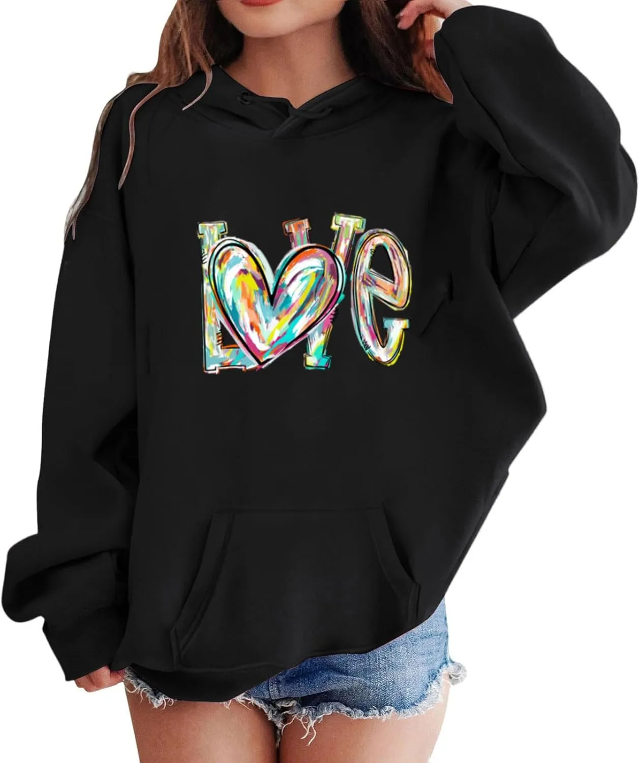 Oversized Hooded Sweatshirts for Teen Girls Cute Hoodies with Pockets Heart Print Graphic Pullover Shirts Tops