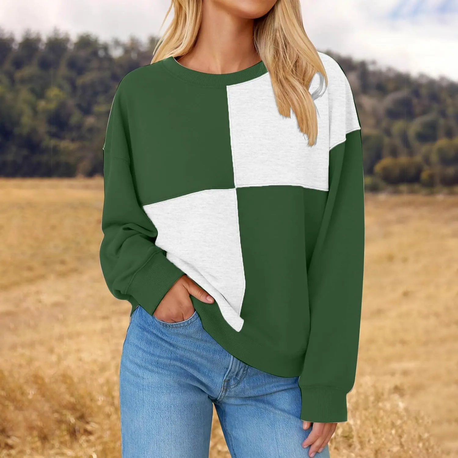 Oversized Sweatshirt For Women Cute Long Sleeve Creweck Color Block Pullover Tops Teen Girls Fall Fashion Outfits