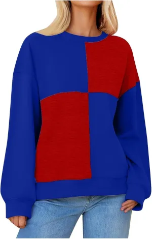 Oversized Sweatshirt For Women Cute Long Sleeve Creweck Color Block Pullover Tops Teen Girls Fall Fashion Outfits