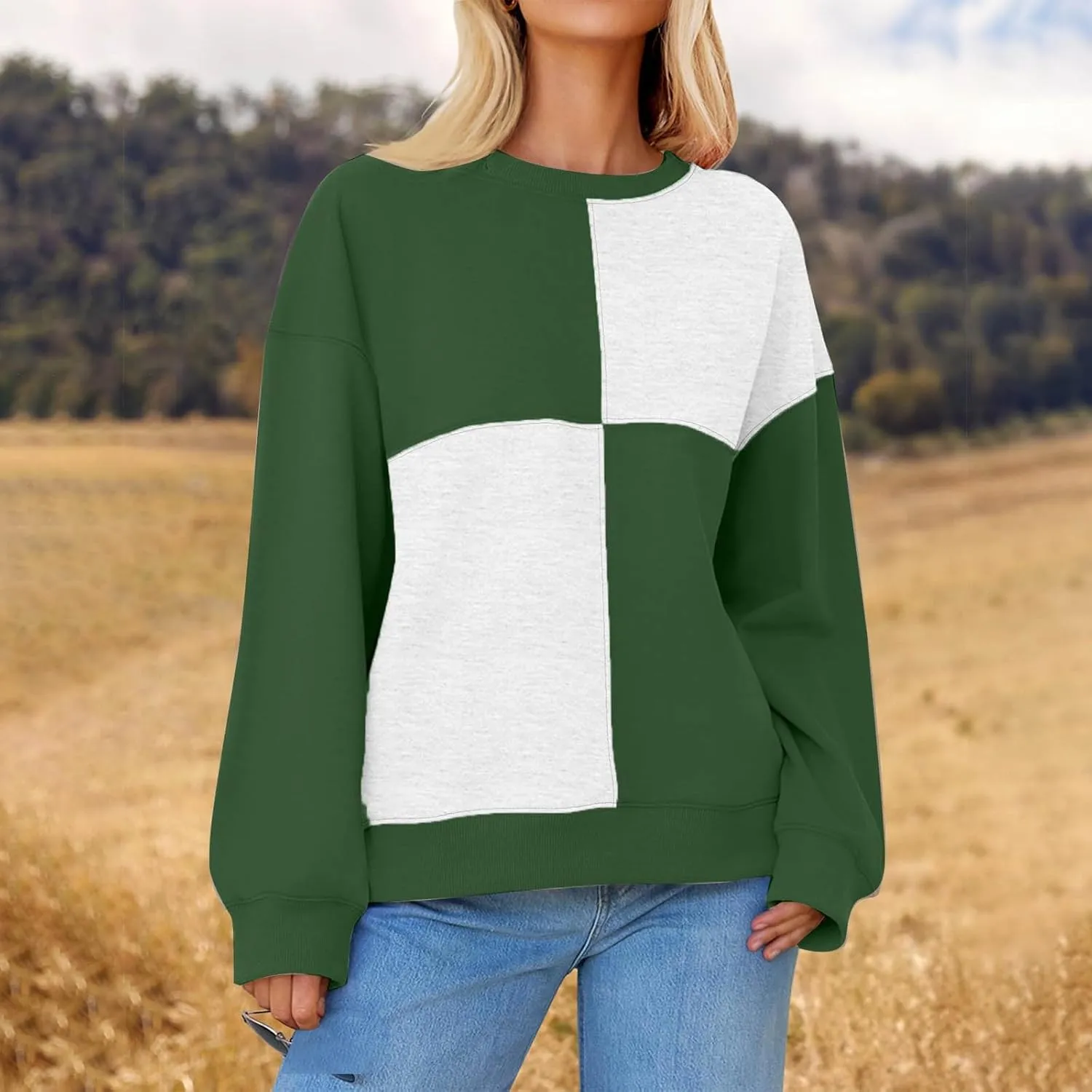 Oversized Sweatshirt For Women Cute Long Sleeve Creweck Color Block Pullover Tops Teen Girls Fall Fashion Outfits