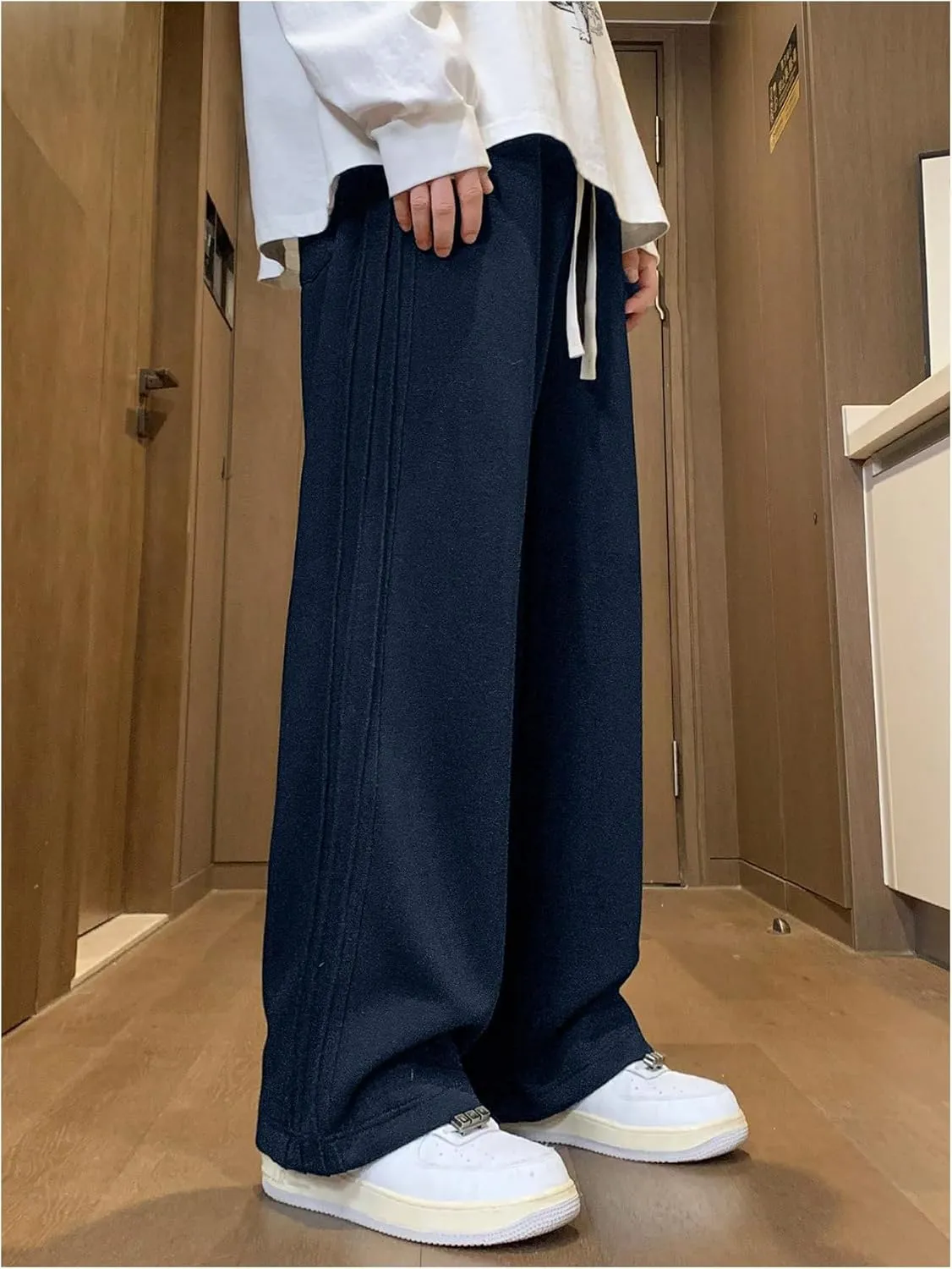 OYOANGLE Men's Textured Elastic Drawstring Waist Straight Leg Pants Casual Track Pants Sweatpants