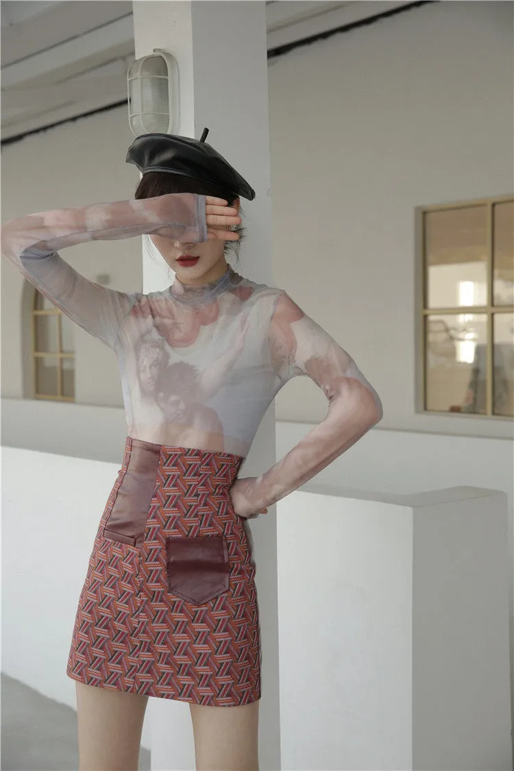 Pastel mesh turtleneck long sleeve top o/s Old Masters