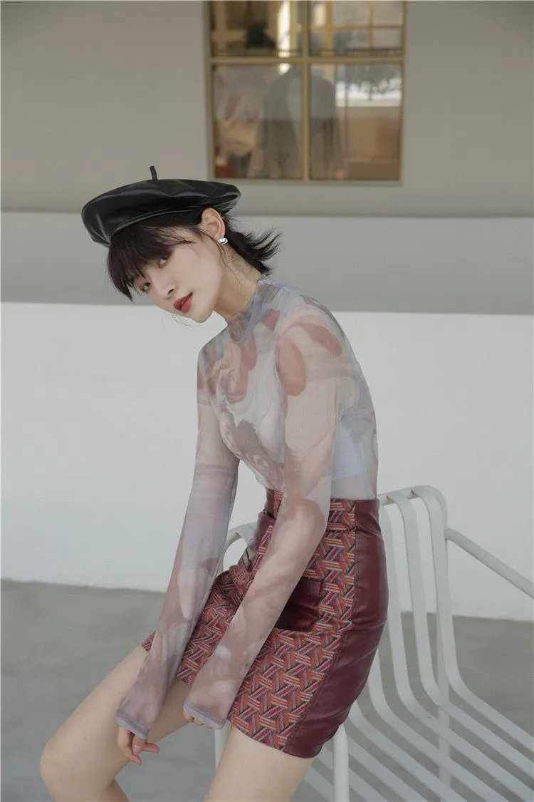 Pastel mesh turtleneck long sleeve top o/s Old Masters