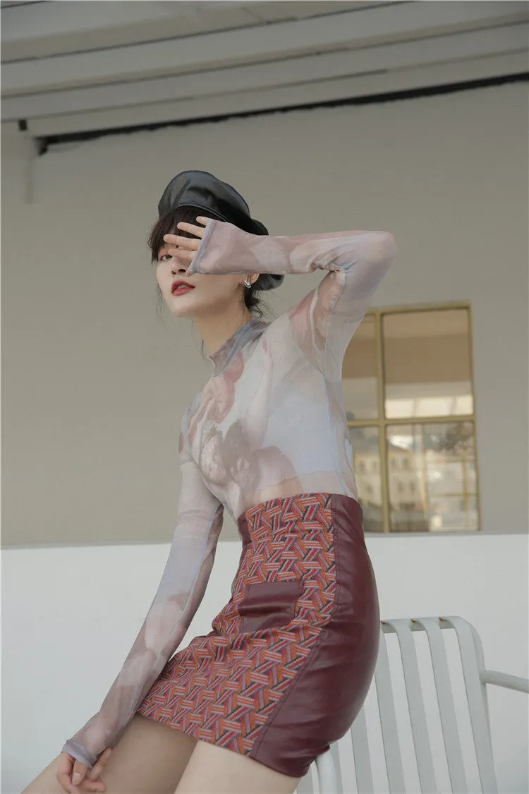 Pastel mesh turtleneck long sleeve top o/s Old Masters