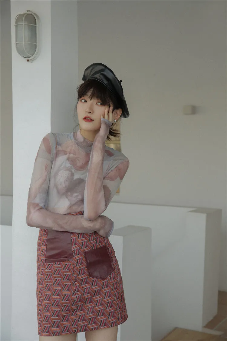 Pastel mesh turtleneck long sleeve top o/s Old Masters