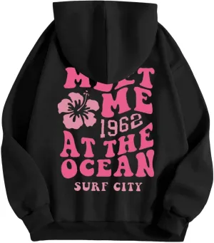 Pink Graphic Hoodie For Women 2024 Cute Preppy Hoodies Teen Girls Oversized Sweatshirt Y2k Drawstring Pullover With Pockets