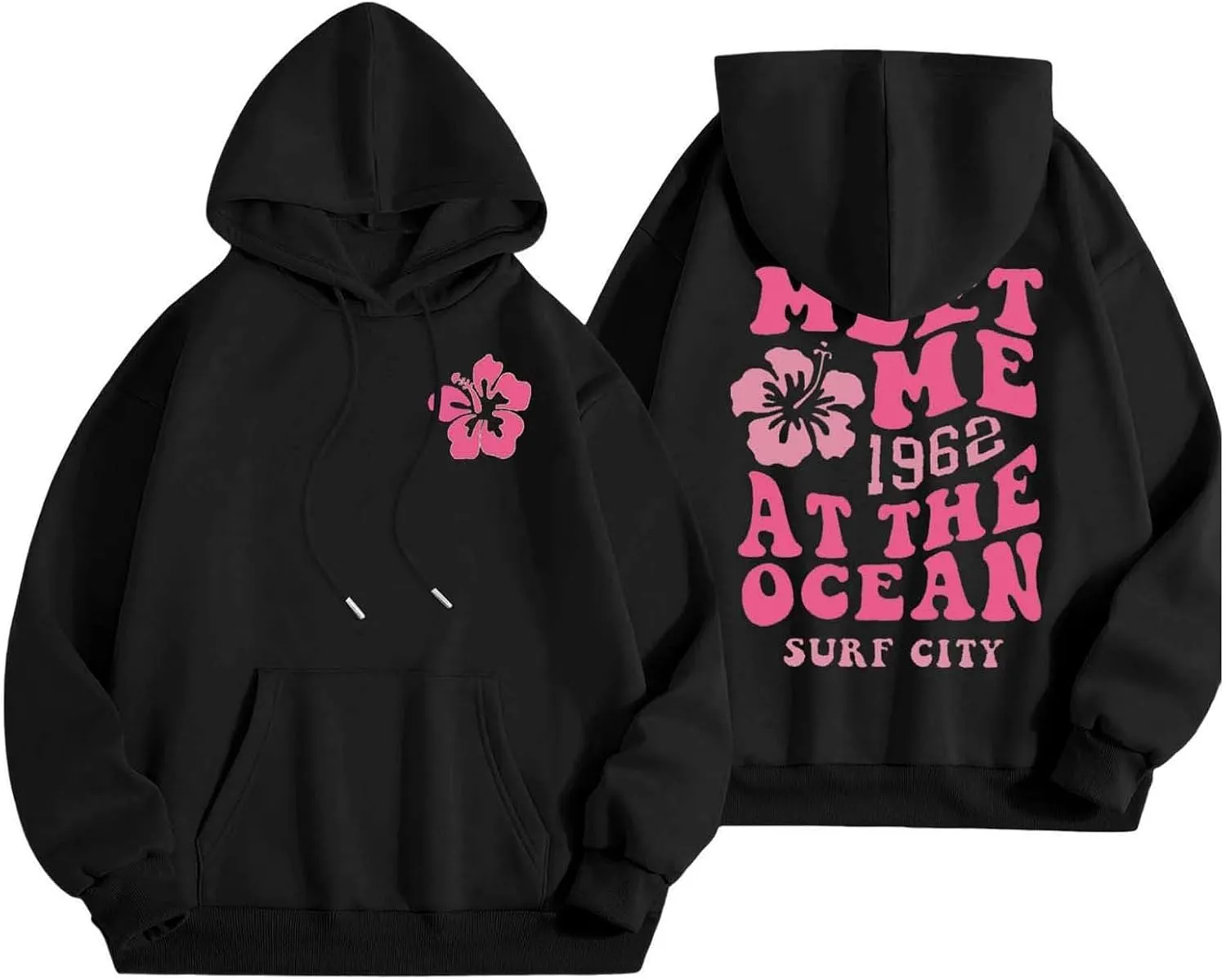 Pink Graphic Hoodie For Women 2024 Cute Preppy Hoodies Teen Girls Oversized Sweatshirt Y2k Drawstring Pullover With Pockets