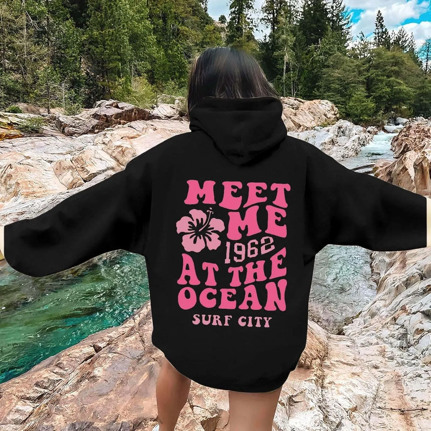 Pink Graphic Hoodie For Women 2024 Cute Preppy Hoodies Teen Girls Oversized Sweatshirt Y2k Drawstring Pullover With Pockets