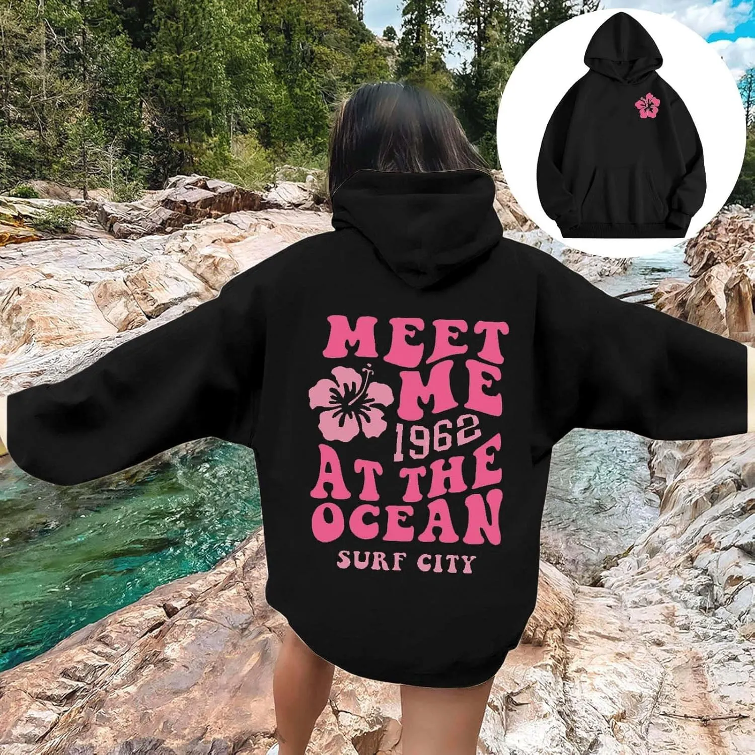 Pink Graphic Hoodie For Women 2024 Cute Preppy Hoodies Teen Girls Oversized Sweatshirt Y2k Drawstring Pullover With Pockets
